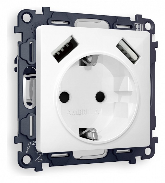 Розетка с заземлением и со шторкой и 2хusb type a, Без рамки ambrella volt alfa ma109010