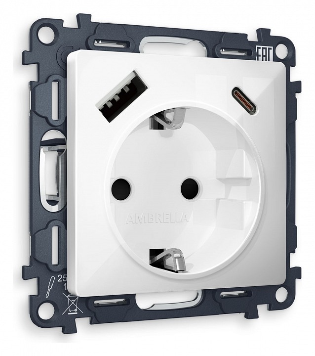 Розетка с заземлением и 2хusb type a и c, Без рамки ambrella volt alfa ma110010