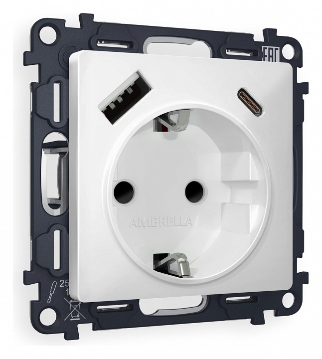 Розетка с заземлением и 2хusb type a и c, Без рамки ambrella volt alfa ma130010