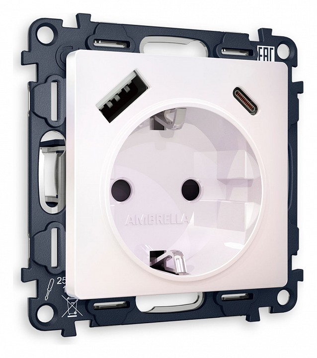 Розетка с заземлением и 2хusb type a и c, Без рамки ambrella volt alfa ma210010