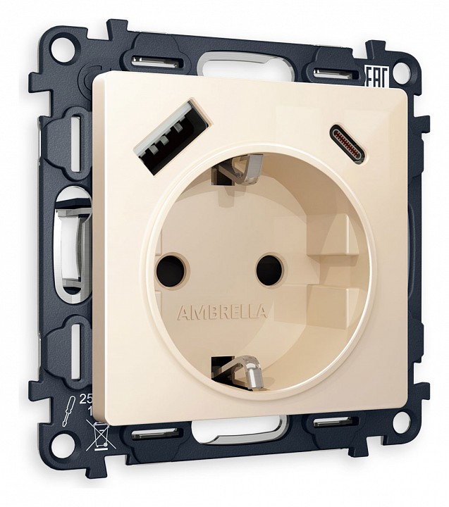 Розетка с заземлением и 2хusb type a и c, Без рамки ambrella volt alfa ma310010