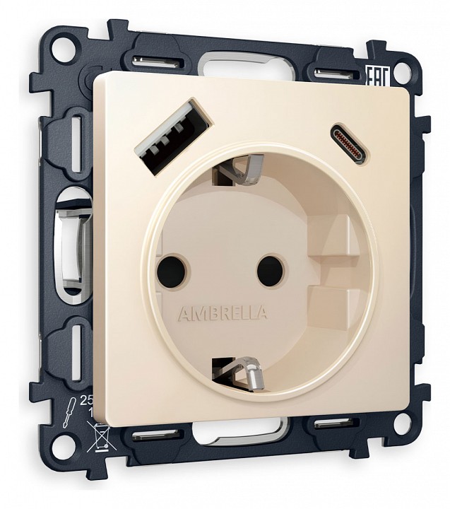 Розетка с заземлением и 2хusb type a и c, Без рамки ambrella volt alfa ma330010