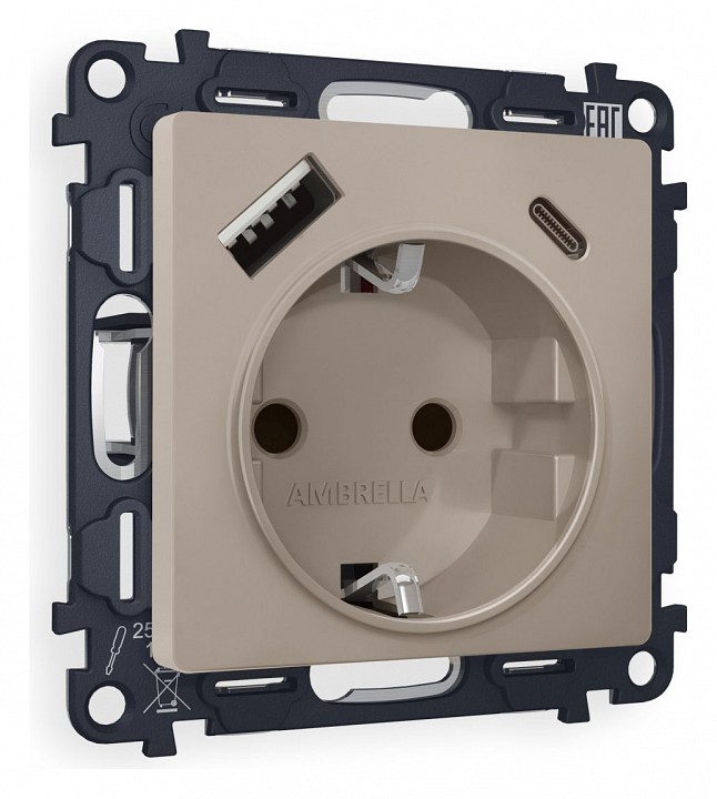 Розетка с заземлением и 2хusb type a и c, Без рамки ambrella volt alfa ma370010