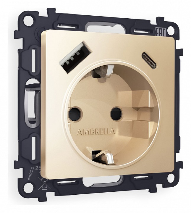 Розетка с заземлением и 2хusb type a и c, Без рамки ambrella volt alfa ma610010