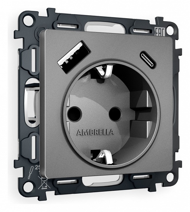 Розетка с заземлением и 2хusb type a и c, Без рамки ambrella volt alfa ma660010