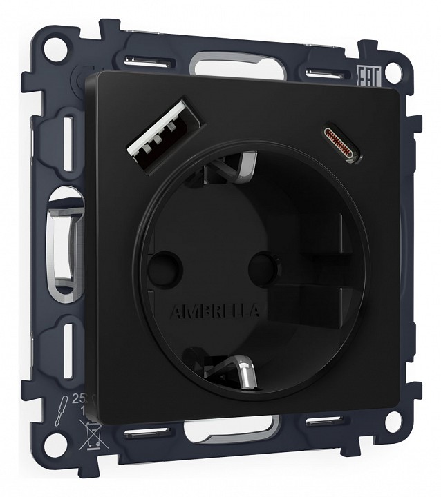 Розетка с заземлением и 2хusb type a и c, Без рамки ambrella volt alfa ma810010