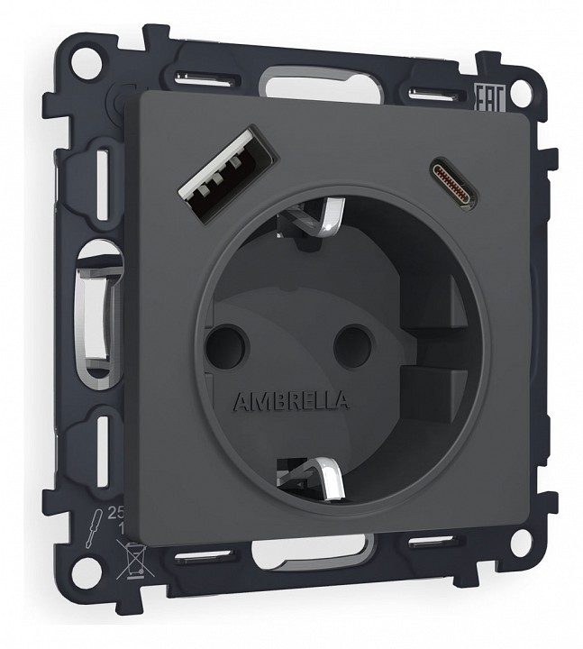 Розетка с заземлением и 2хusb type a и c, Без рамки ambrella volt alfa ma910010
