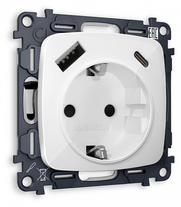 Розетка с заземлением и 2хusb type a и c, Без рамки ambrella volt omega mo110010