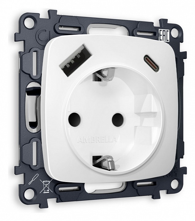 Розетка с заземлением и 2хusb type a и c, Без рамки ambrella volt omega mo130010