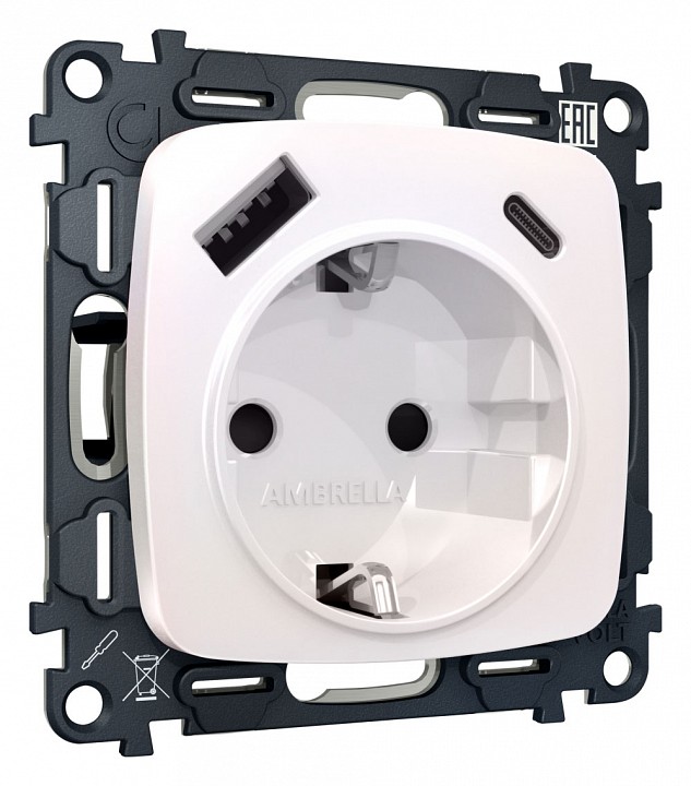 Розетка с заземлением и 2хusb type a и c, Без рамки ambrella volt omega mo210010