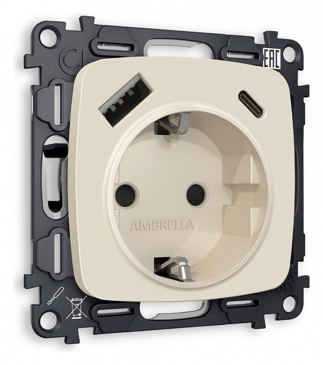 Розетка с заземлением и 2хusb type a и c, Без рамки ambrella volt omega mo330010