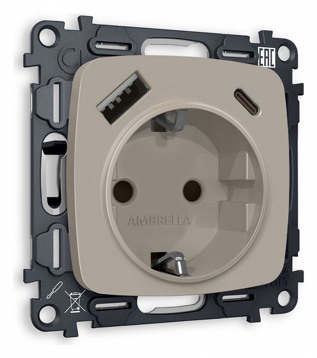 Розетка с заземлением и 2хusb type a и c, Без рамки ambrella volt omega mo370010