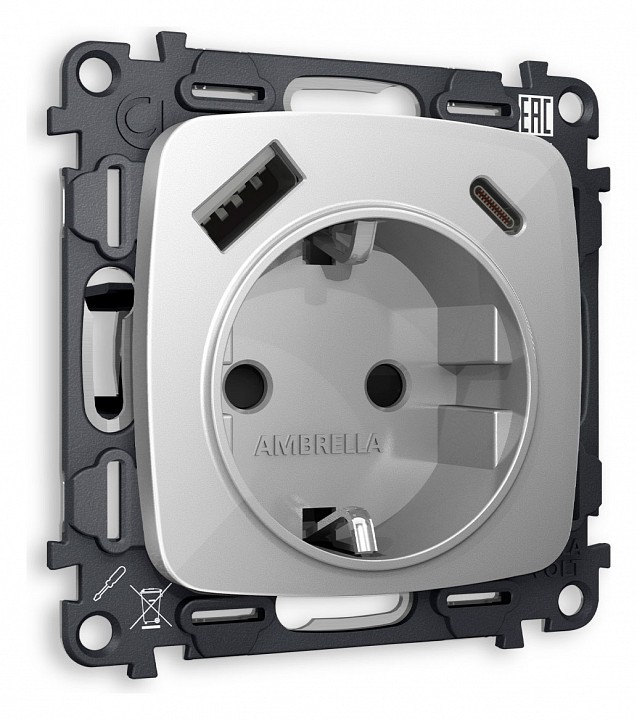 Розетка с заземлением и 2хusb type a и c, Без рамки ambrella volt omega mo410010