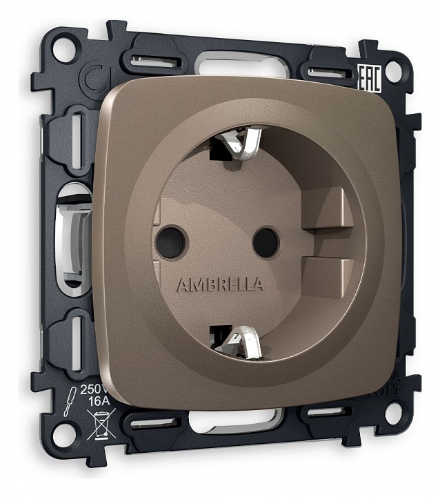 Розетка с заземлением и со шторкой, Без рамки ambrella volt omega mo637010