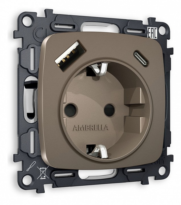 Розетка с заземлением и 2хusb type a и c, Без рамки ambrella volt omega mo640010