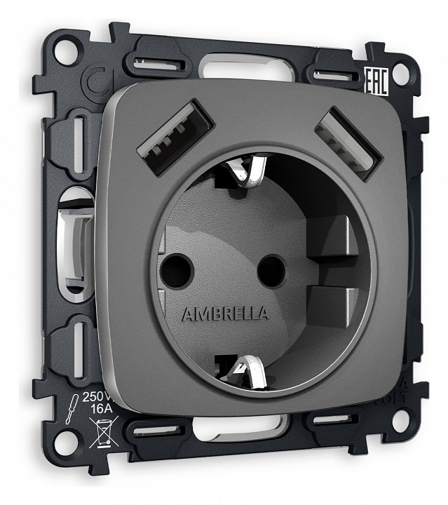 Розетка с заземлением и 2хusb type a, Без рамки ambrella volt omega mo659010