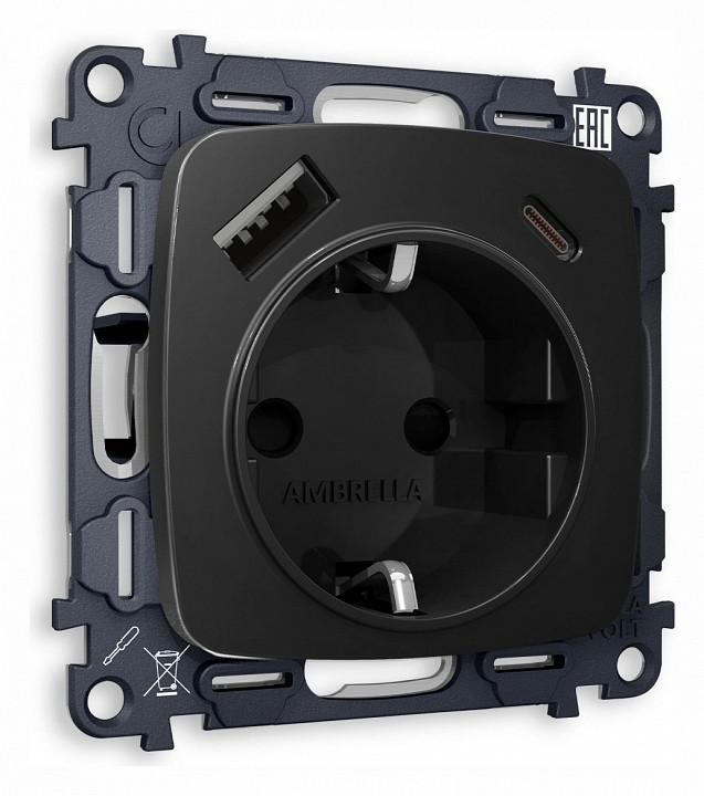Розетка с заземлением и 2хusb type a и c, Без рамки ambrella volt omega mo810010