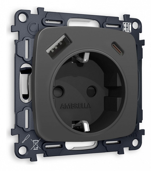 Розетка с заземлением и 2хusb type a и c, Без рамки ambrella volt omega mo910010