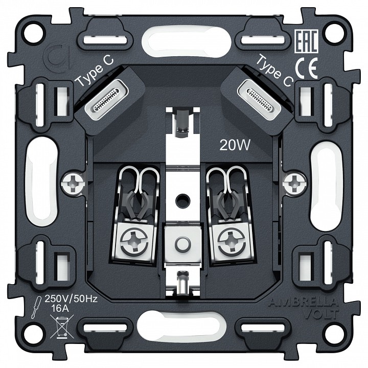 Механизм розетки с заземлением и 2хusb type c ambrella volt quant vm165