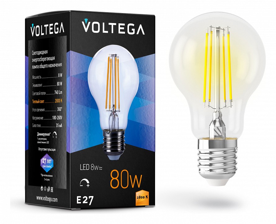 Лампа светодиодная voltega general purpose bulb e27 8вт 2800k 5489