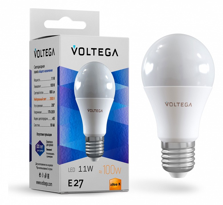 Лампа светодиодная voltega general purpose bulb 11w e27 11вт 2800k 5737