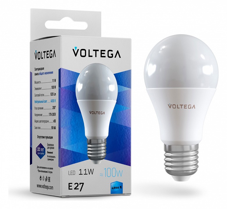 Лампа светодиодная voltega general purpose bulb 11w e27 11вт 4000k 5738