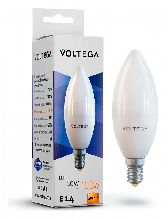 Лампа светодиодная voltega candle 10w e14 10вт 2800k 7064
