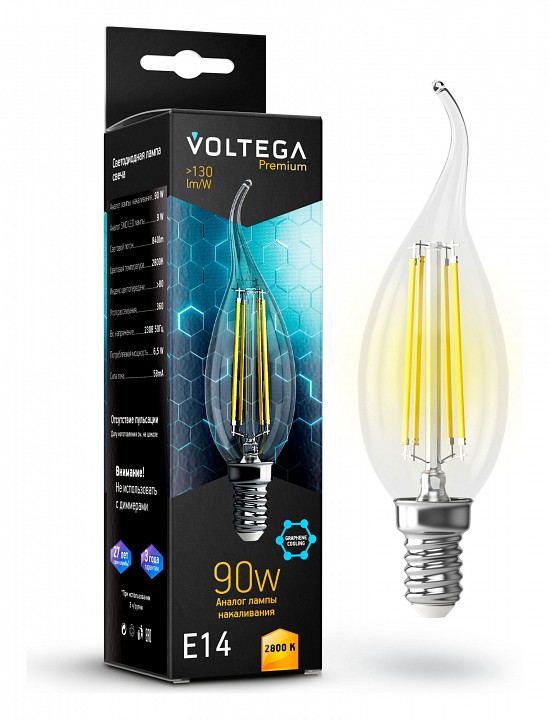 Лампа светодиодная voltega candle wind 9w graphene e14 7вт 2800k 7132