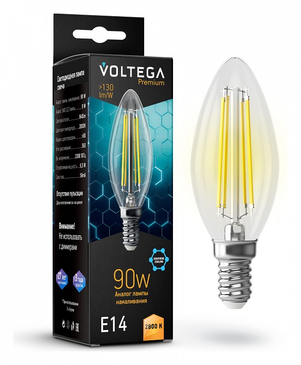 Лампа светодиодная voltega candle 9w graphene e14 7вт 2800k 7134