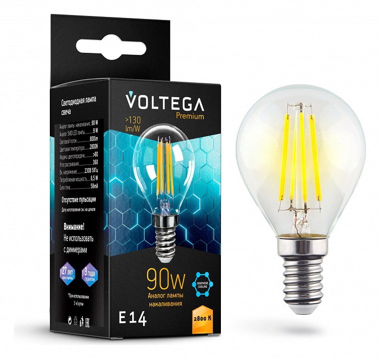 Лампа светодиодная voltega globe e14 9w graphene e14 7вт 2800k 7136