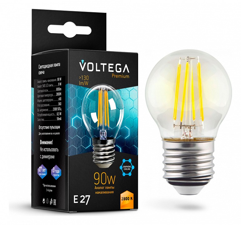 Лампа светодиодная voltega globe e27 9w graphene e27 7вт 2800k 7138