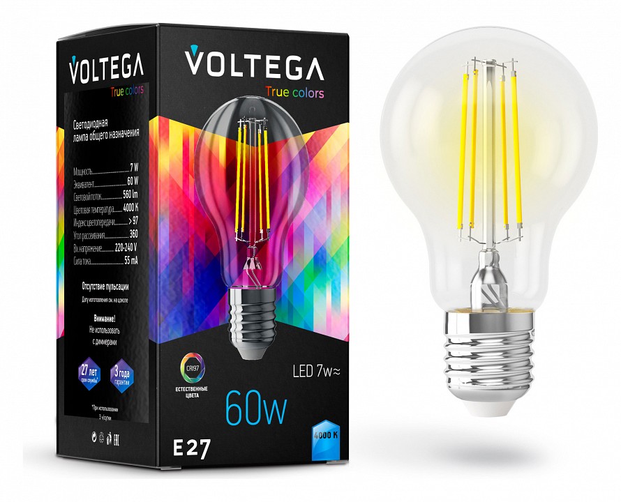 Лампа светодиодная voltega general purpose bulb e27 7w high cri e27 7вт 4000k 7155