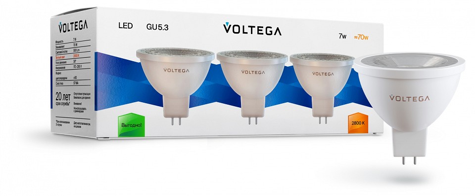 Лампа светодиодная voltega  gu5.3 7вт 2800k 7178