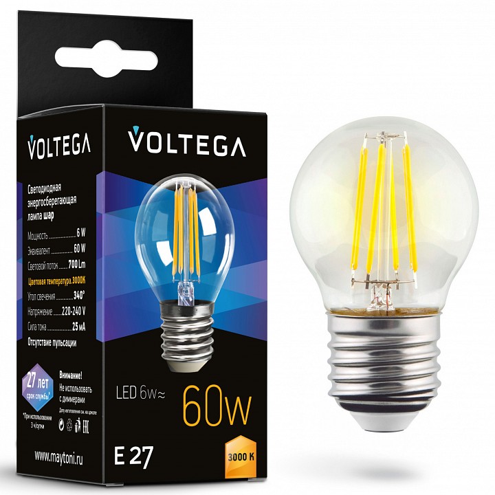 Лампа светодиодная voltega globe e27 6w e27 6вт 3000k 7215