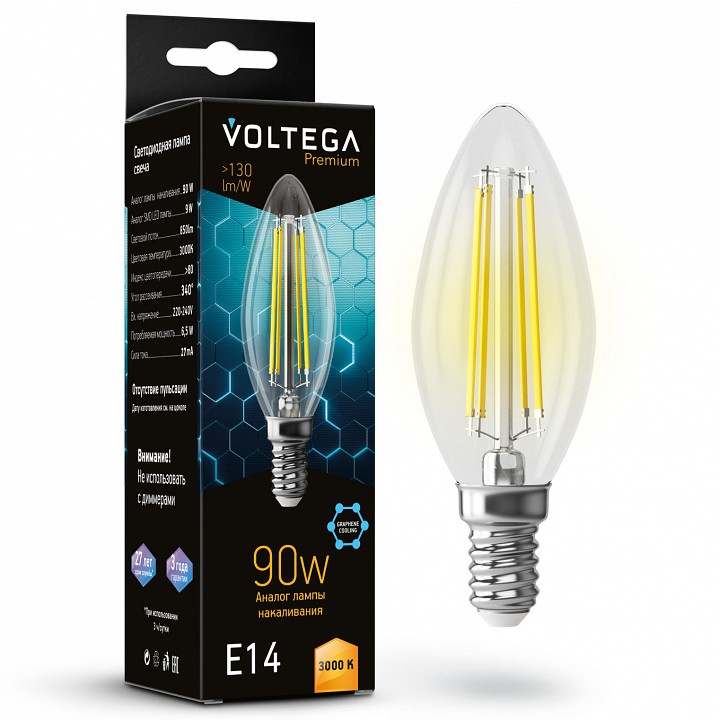Лампа светодиодная voltega candle 9w graphene e14 6вт 3000k 7219
