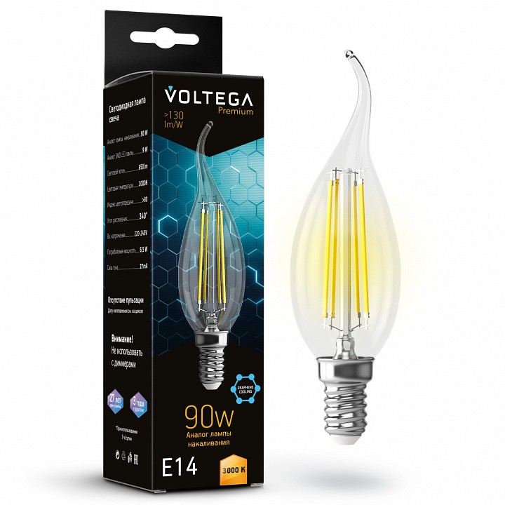 Лампа светодиодная voltega candle wind 9w graphene e14 6вт 3000k 7220