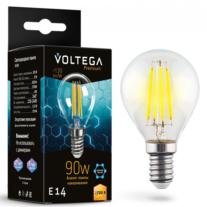 Лампа светодиодная voltega globe e14 9w graphene e14 6вт 2700k 7221