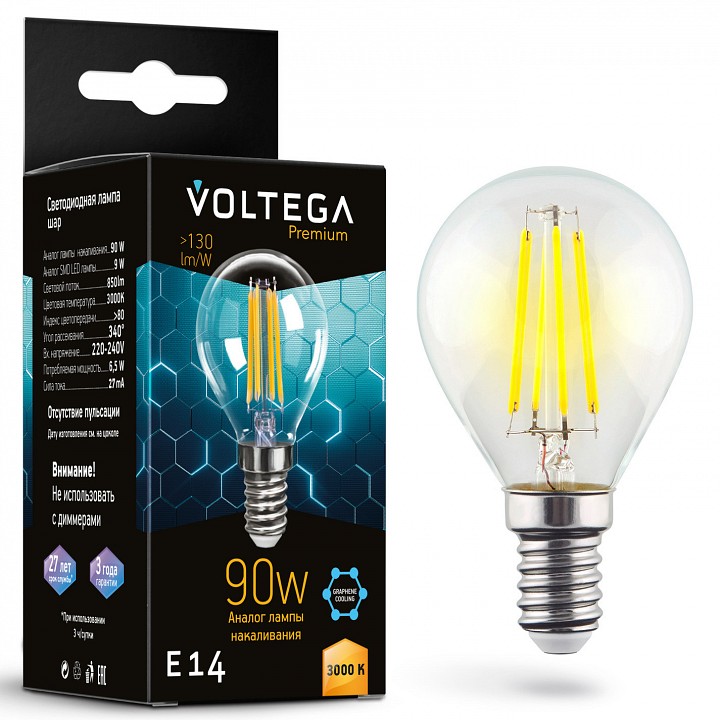 Лампа светодиодная voltega globe e14 9w graphene e14 6вт 3000k 7222