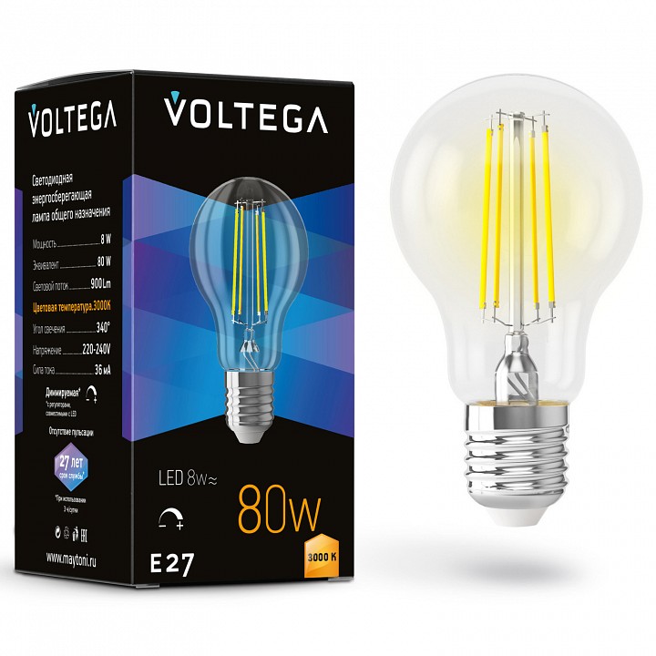 Лампа светодиодная voltega general purpose bulb e27 8вт 3000k 7229