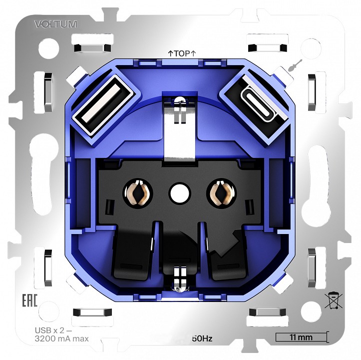 Механизм розетки с заземлением и со шторками и 2хusb type a и c voltum s70 vls0405m