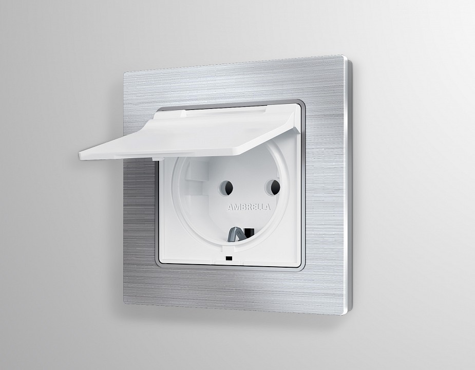 Розетка с заземлением и со шторкой, Без рамки с крышкой ambrella volt alfa ma128010
