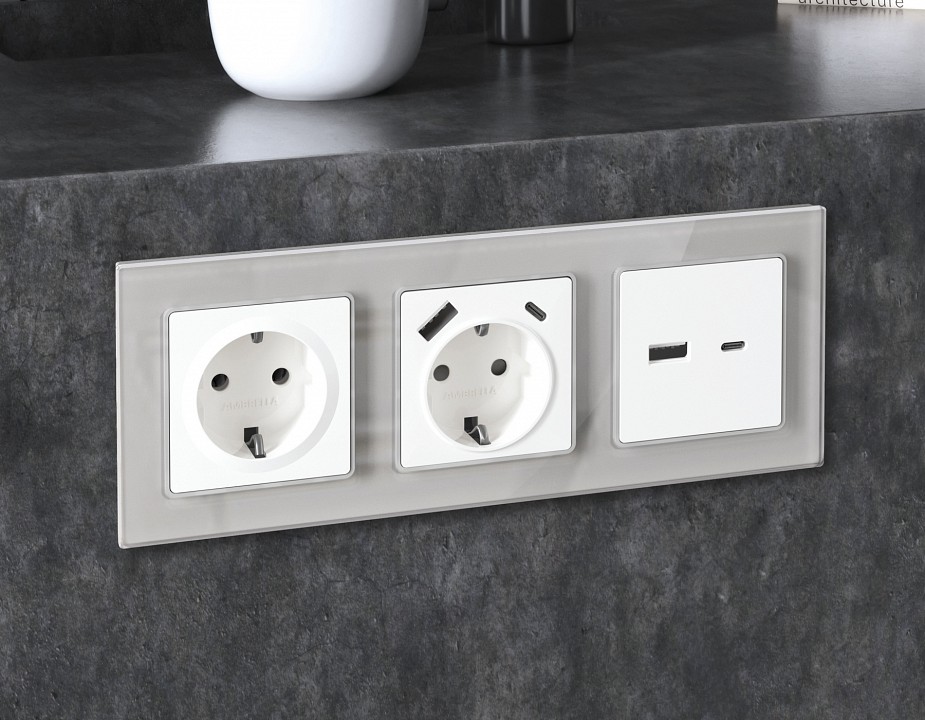 Розетка с заземлением и со шторкой и 2хusb type a, Без рамки ambrella volt alfa ma129010