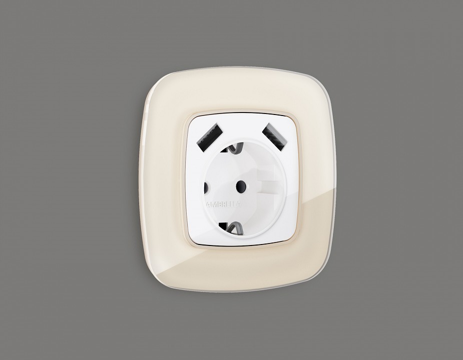 Накладка для розетки с заземлением и со шторками и 2хusb type a ambrella volt omega op1090