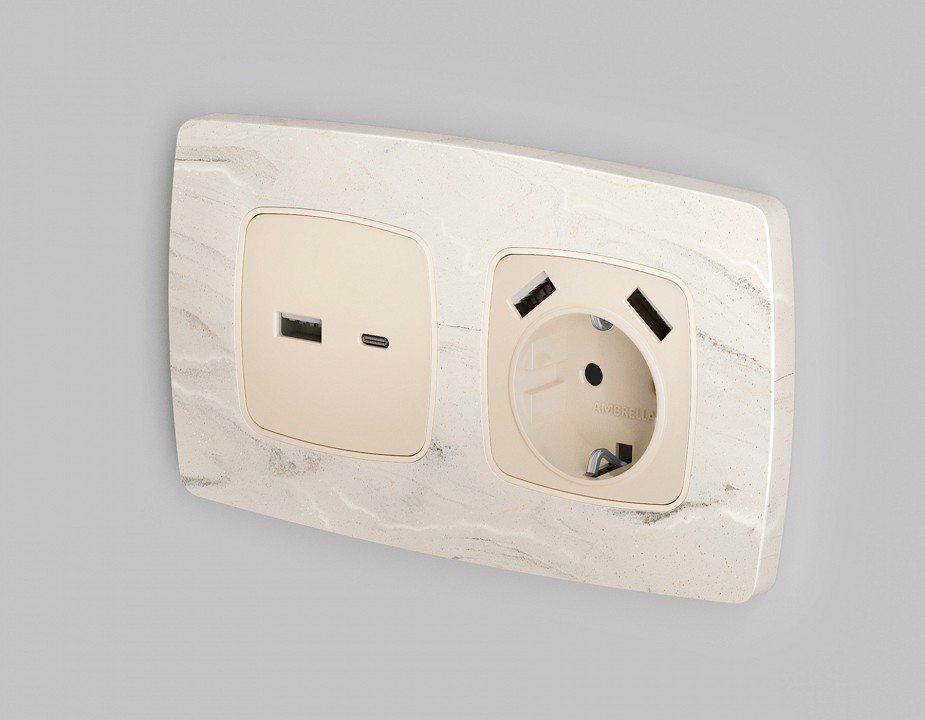 Накладка для розетки с заземлением и со шторками и 2хusb type a ambrella volt omega op3090