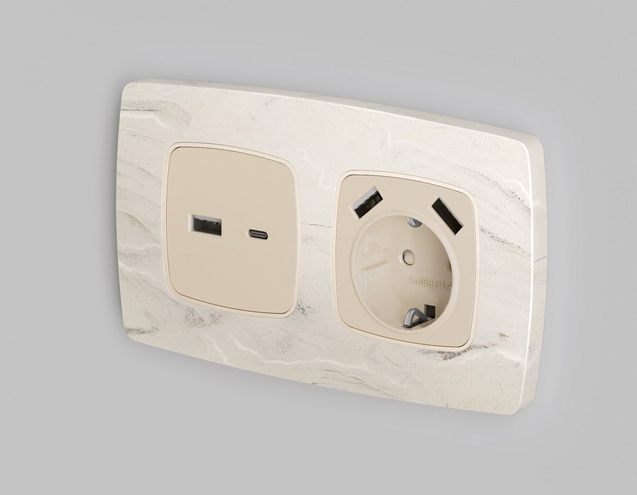 Накладка для розетки с заземлением и со шторками и 2хusb type a ambrella volt omega op3290