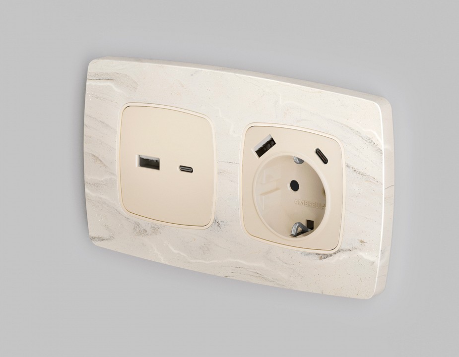 Накладка для розетки с заземлением и со шторками и 2хusb type a и c ambrella volt omega op3300