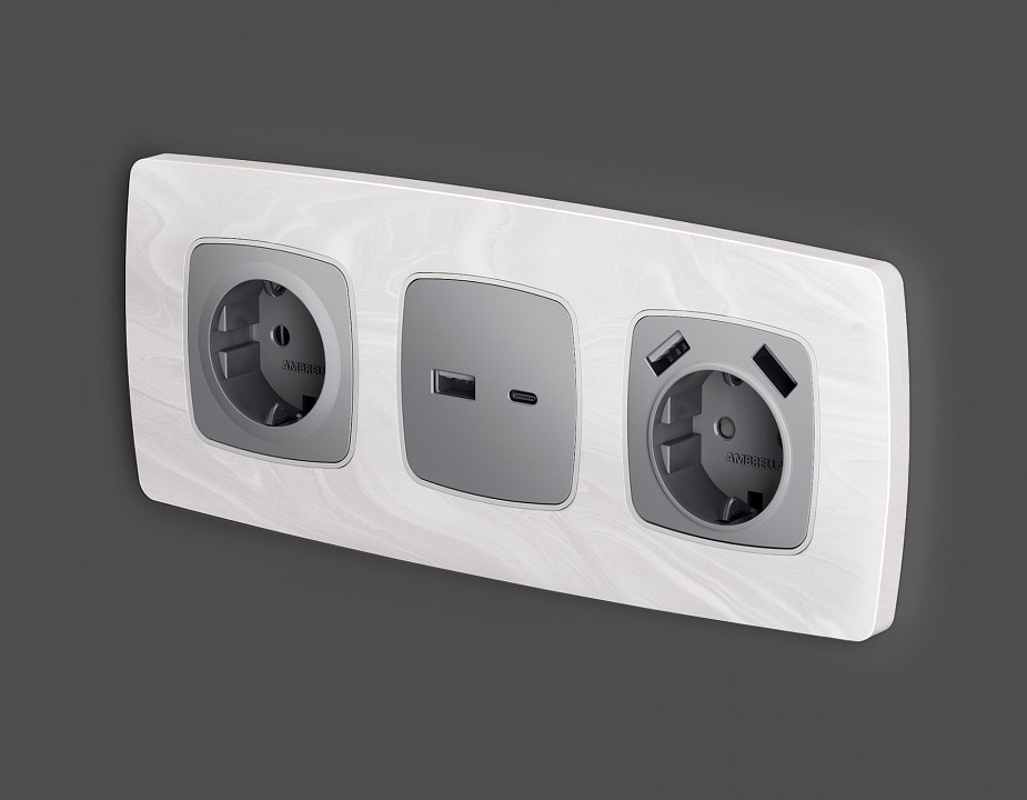 Накладка для розетки с заземлением и со шторками и 2хusb type a ambrella volt omega op5090