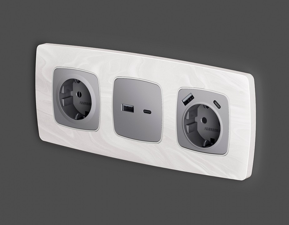 Накладка для розетки с заземлением и со шторками и 2хusb type a и c ambrella volt omega op5100