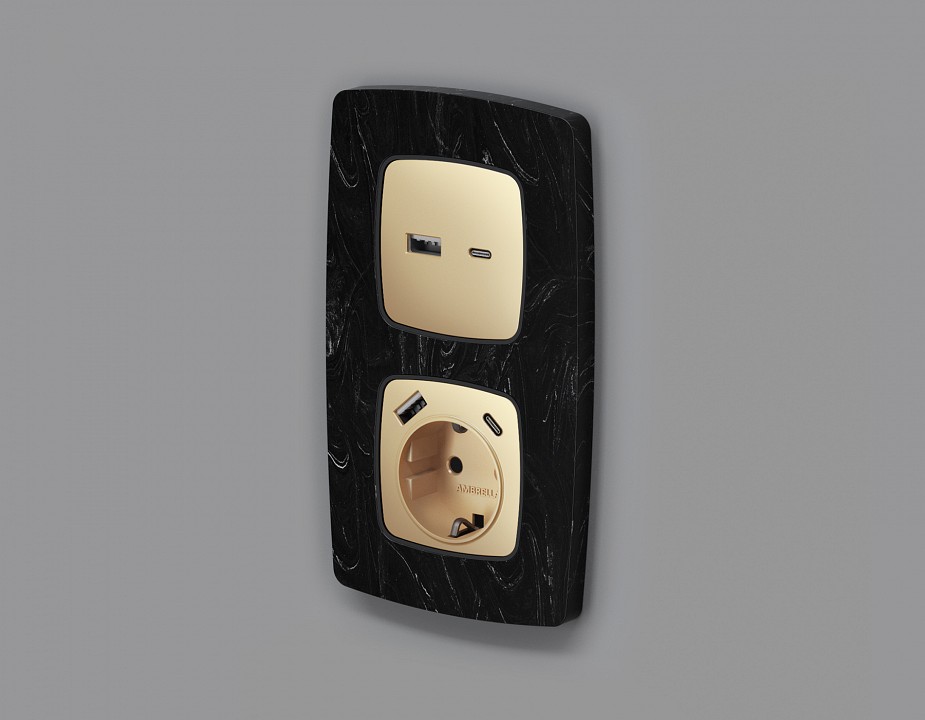 Накладка для розетки с заземлением и со шторками и 2хusb type a и c ambrella volt omega op6100