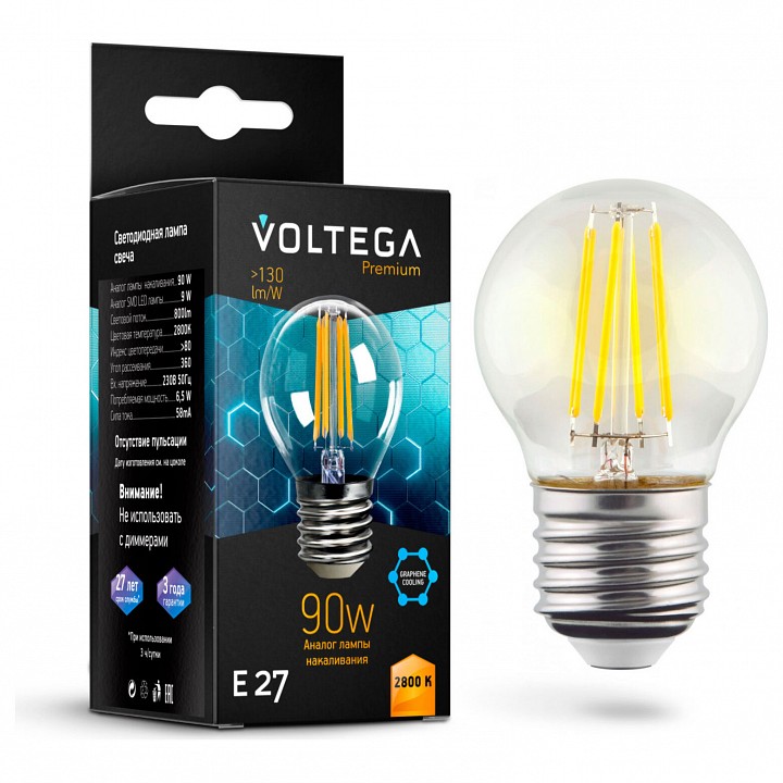Лампа светодиодная voltega globe e27 9w graphene e27 7вт 2800k 7138